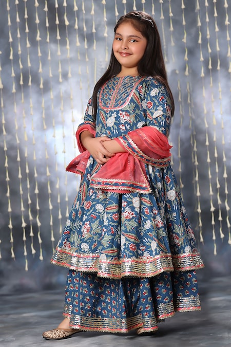 LittleCheer Blue Cotton Jaipuri Flora Double Anarkali Palazzo Set 