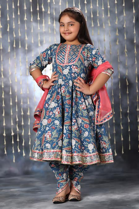 Littlecheer Blue Cotton Gota Patti Jaipuri Bloom Double Print Anarkali Dhoti Pant Set Online at Aza Fashions Littlecheer_Blue Cotton Gota Patti Jaipuri Bloom Double Print Anarkali Dhoti Pant Set _Online_at_Aza_Fashions