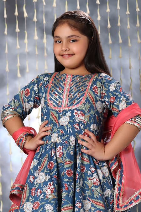 Buy Littlecheer Blue Cotton Gota Patti Jaipuri Bloom Double Print Anarkali Dhoti Pant Set Online at Aza Fashions Buy_Littlecheer_Blue Cotton Gota Patti Jaipuri Bloom Double Print Anarkali Dhoti Pant Set _Online_at_Aza_Fashions