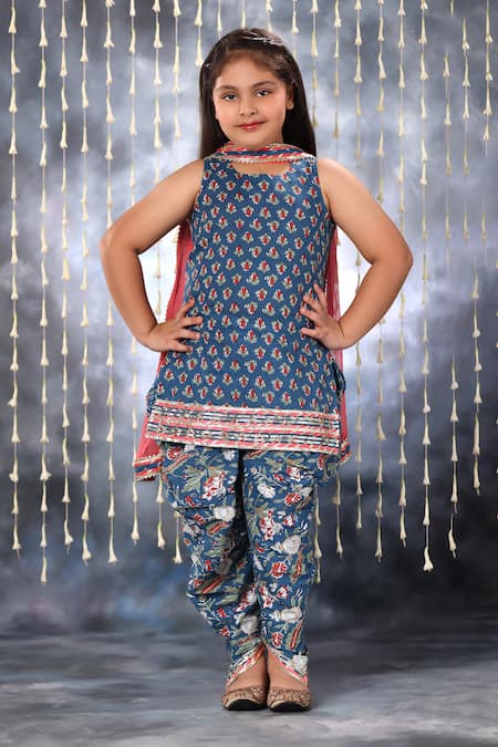 LittleCheer Jaipuri Blossom Double Print Short Kurti Dhoti Pant Set 