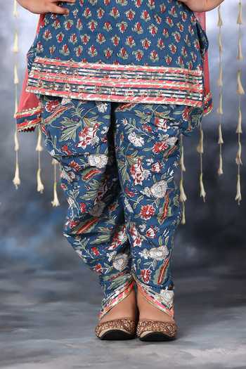 Littlecheer_Blue Cotton Gota Patti Jaipuri Blossom Double Print Short Kurti Dhoti Pant Set _Online_at_Aza_Fashions