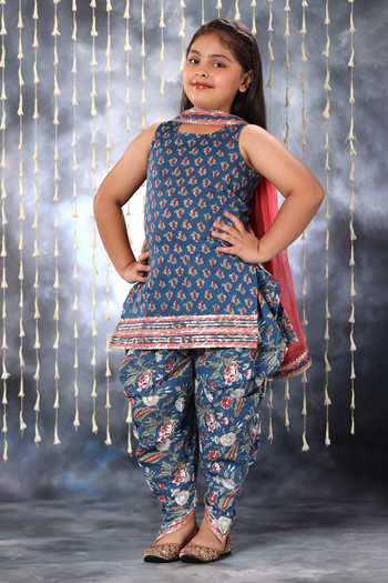Buy_Littlecheer_Blue Cotton Gota Patti Jaipuri Blossom Double Print Short Kurti Dhoti Pant Set _Online_at_Aza_Fashions