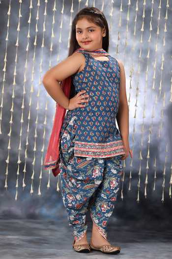 Shop_Littlecheer_Blue Cotton Gota Patti Jaipuri Blossom Double Print Short Kurti Dhoti Pant Set _Online_at_Aza_Fashions