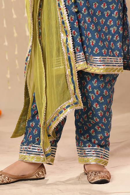 Littlecheer_Blue Cotton, Chiffon Gota Patti Jaipuri Wildflora Print Kurti Pant Set _at_Aza_Fashions