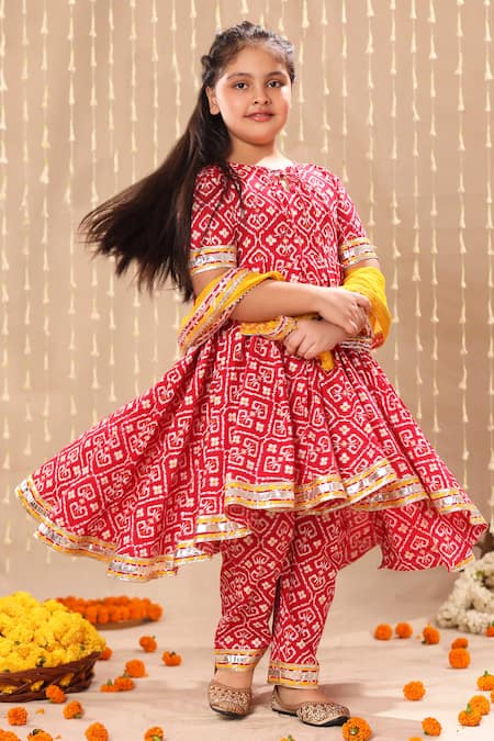 Buy_Littlecheer_Red Cotton, Chiffon Jaipuri Ikat Handblock Print High Low Anarkarli Pant Set _Online_at_Aza_Fashions
