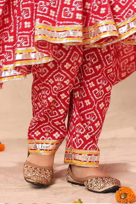 Shop_Littlecheer_Red Cotton, Chiffon Jaipuri Ikat Handblock Print High Low Anarkarli Pant Set _Online_at_Aza_Fashions