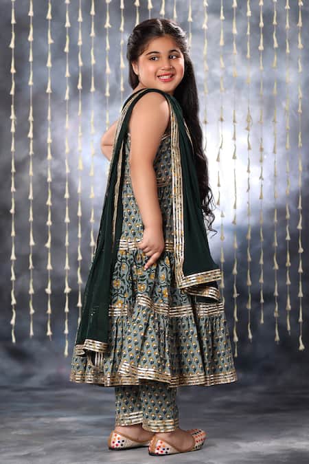 Shop_Littlecheer_Grey Cotton Gota Patti Jaipuri Blossom Garden Print Tiered Maxi Dress _Online_at_Aza_Fashions