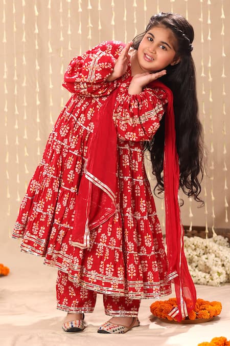 Buy_Littlecheer_Red Cotton Gota Patti Jaipuri Floral Motif Handblock Print Maxi Dress _Online_at_Aza_Fashions