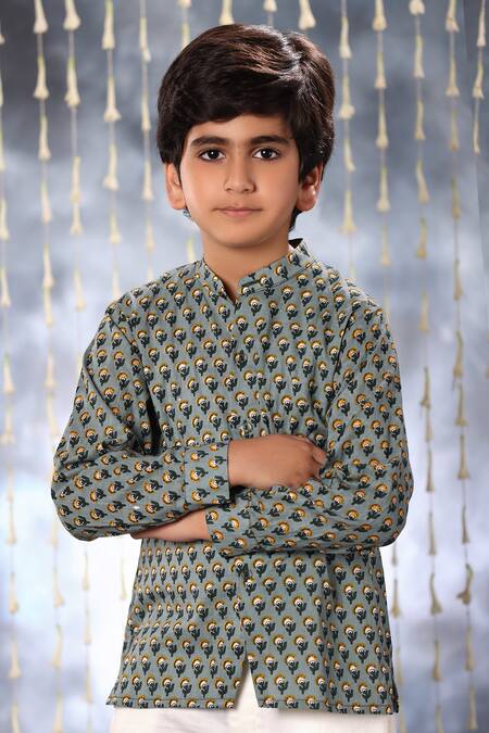 Buy Littlecheer Grey Cotton Embroidery Blossom Handblock Print Shirt Online at Aza Fashions Buy_Littlecheer_Grey Cotton Embroidery Blossom Handblock Print Shirt _Online_at_Aza_Fashions