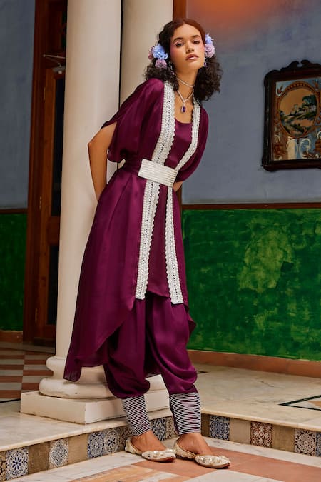 1999ad By Amita & Deepak_Wine Organza Beads, Zari, Gota Zardozi Embroidered Jacket Style Kurta Pant Set _Online_at_Aza_Fashions