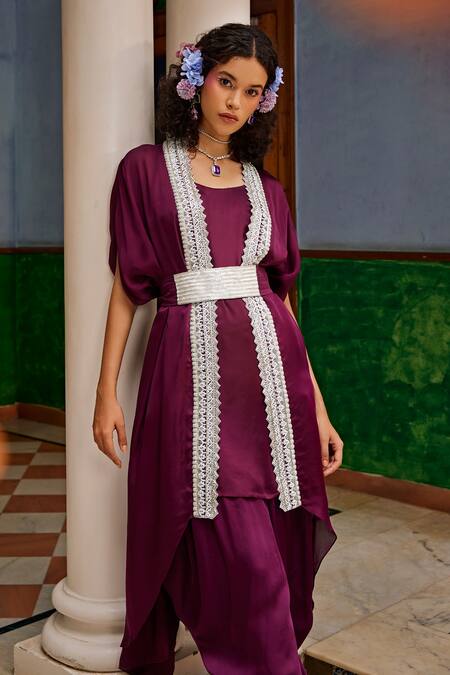 Buy_1999ad By Amita & Deepak_Wine Organza Beads, Zari, Gota Zardozi Embroidered Jacket Style Kurta Pant Set _Online_at_Aza_Fashions