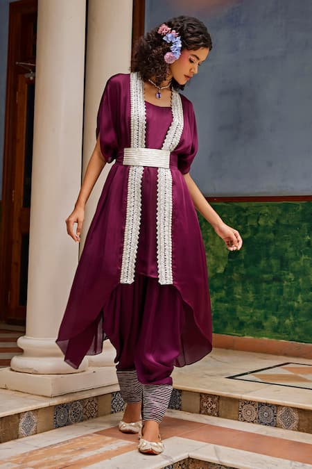 Shop_1999ad By Amita & Deepak_Wine Organza Beads, Zari, Gota Zardozi Embroidered Jacket Style Kurta Pant Set _Online_at_Aza_Fashions