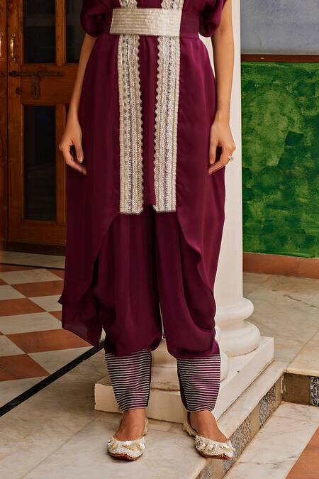 1999ad By Amita & Deepak_Wine Organza Beads, Zari, Gota Zardozi Embroidered Jacket Style Kurta Pant Set _at_Aza_Fashions