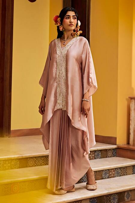 Buy_1999ad By Amita & Deepak_Pink Satin Pearls, Embroidery V-neck Placket Kurta With Draped Skirt _Online_at_Aza_Fashions