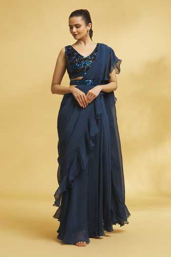 Nazaakat By Samara Singh_Blue Net Embroidered Sequins V Pre-draped Ruffle Saree With Blouse _Online_at_Aza_Fashions