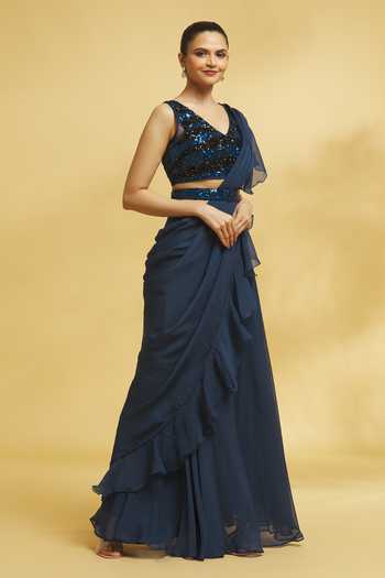 Buy_Nazaakat By Samara Singh_Blue Net Embroidered Sequins V Pre-draped Ruffle Saree With Blouse _Online_at_Aza_Fashions