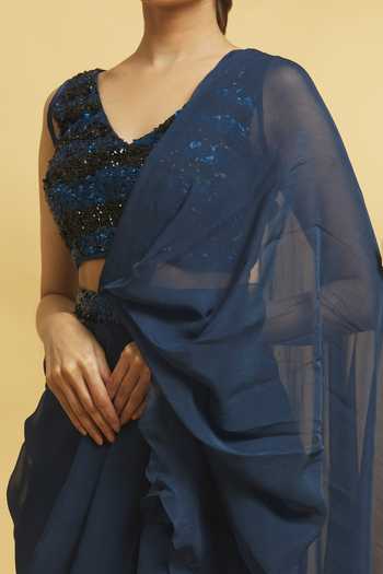 Shop_Nazaakat By Samara Singh_Blue Net Embroidered Sequins V Pre-draped Ruffle Saree With Blouse _Online_at_Aza_Fashions