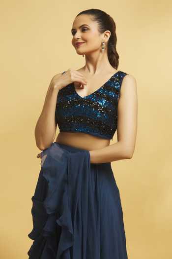 Nazaakat By Samara Singh_Blue Net Embroidered Sequins V Pre-draped Ruffle Saree With Blouse _at_Aza_Fashions