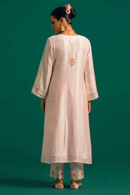 Shop Anantaa By Roohi Pink Silk, Chanderi Embroidery, Sequins Round Neck Placement Kurta With Pant at Aza Fashions Shop_Anantaa By Roohi_Pink Silk, Chanderi Embroidery, Sequins Round Neck Placement Kurta With Pant _at_Aza_Fashions