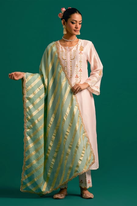 Anantaa By Roohi Pink Silk, Chanderi Embroidery, Sequins Round Neck Placement Kurta Pant Set 