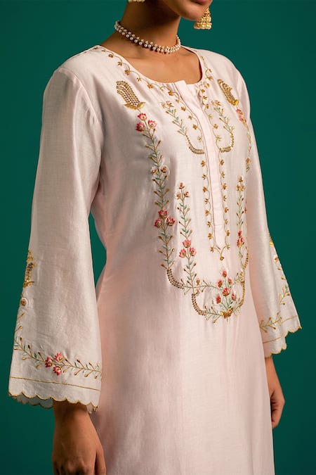 Shop_Anantaa By Roohi_Pink Silk, Chanderi Embroidery, Sequins Round Neck Placement Kurta Pant Set 