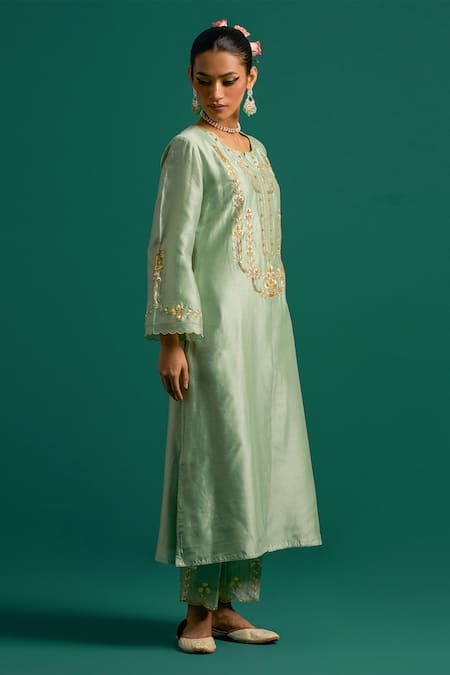 Shop_Anantaa By Roohi_Green Silk, Chanderi Embroidery, Sequins Round Kurta Set With Contrast Dupatta 