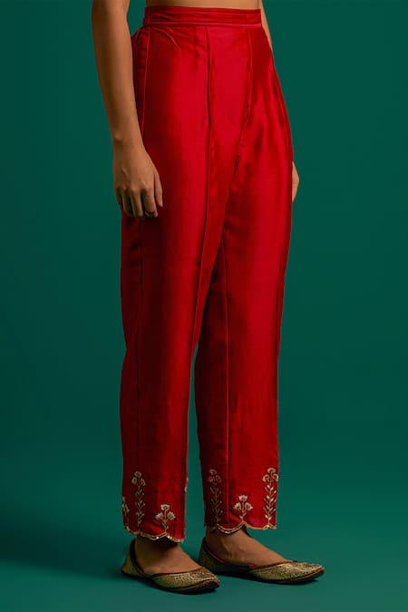Anantaa By Roohi_Red Silk, Chanderi Embroidery, Sequins Round Neck Placed Blossom Kurta Pant Set _Online_at_Aza_Fashions