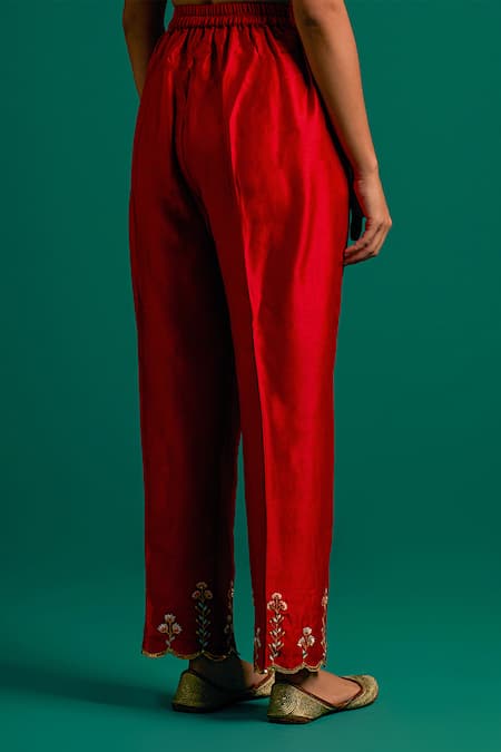 Shop_Anantaa By Roohi_Red Silk, Chanderi Embroidery, Sequins Round Neck Placed Blossom Kurta Pant Set _Online_at_Aza_Fashions