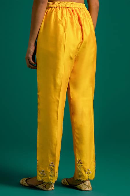 Shop Anantaa By Roohi Yellow Silk, Chanderi Embroidery Round Neck Placed Thread Kurta With Pant Online at Aza Fashions Shop_Anantaa By Roohi_Yellow Silk, Chanderi Embroidery Round Neck Placed Thread Kurta With Pant _Online_at_Aza_Fashions