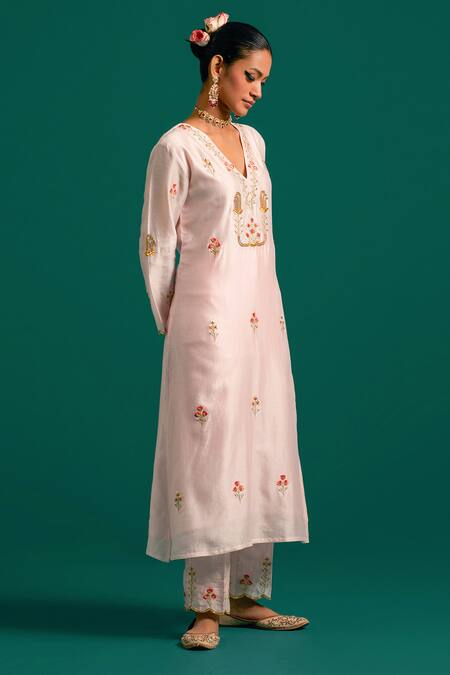 Shop_Anantaa By Roohi_Pink Silk, Chanderi Cut Work, Sequins, Embroidery V-neck Hand Kurta Pant Set 