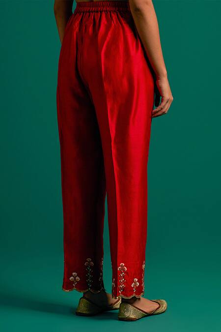 Shop_Anantaa By Roohi_Red Silk, Chanderi Sequins, Cut Work, Embroidery V-neck Hand Kurta And Pant Set _Online_at_Aza_Fashions