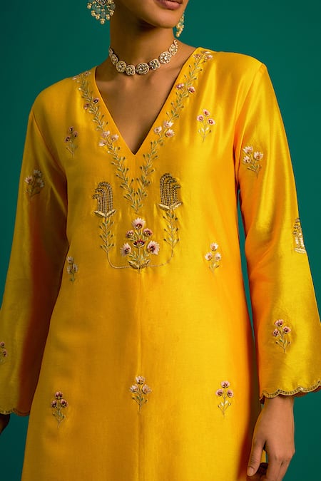 Anantaa By Roohi Yellow Silk, Chanderi Sequins, Cut Work, Embroidery V-neck Kurta And Pant Set at Aza Fashions Anantaa By Roohi_Yellow Silk, Chanderi Sequins, Cut Work, Embroidery V-neck Kurta And Pant Set _at_Aza_Fashions