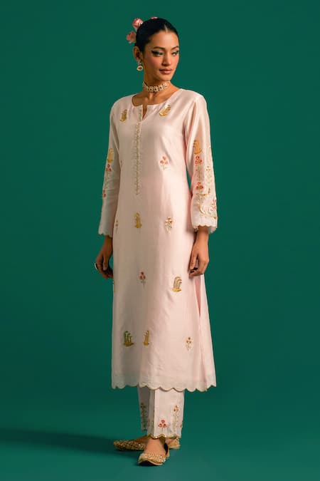 Shop_Anantaa By Roohi_Pink Silk, Chanderi Sequins, Cut Work, Embroidery Cutdana Kurta And Pant Set _Online_at_Aza_Fashions