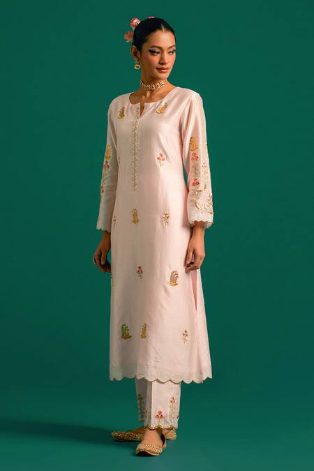 Shop_Anantaa By Roohi_Pink Silk, Chanderi Sequins, Cut Work, Embroidery Cutdana Kurta Pant Set _Online_at_Aza_Fashions