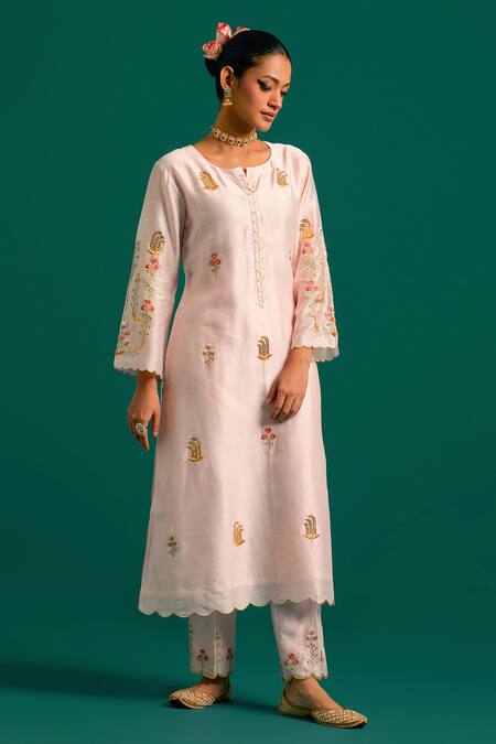 Anantaa By Roohi_Pink Silk, Chanderi Sequins, Cut Work, Embroidery Cutdana Kurta Pant Set _at_Aza_Fashions
