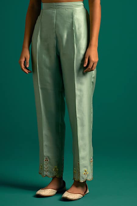 Anantaa By Roohi_Green Silk, Chanderi Sequins, Cut Work, Embroidery Resham Hand Kurta And Pant Set _Online_at_Aza_Fashions