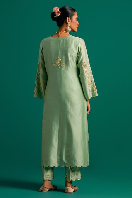 Shop_Anantaa By Roohi_Green Silk, Chanderi Sequins, Cut Work, Embroidery Resham Hand Kurta Pant Set _at_Aza_Fashions