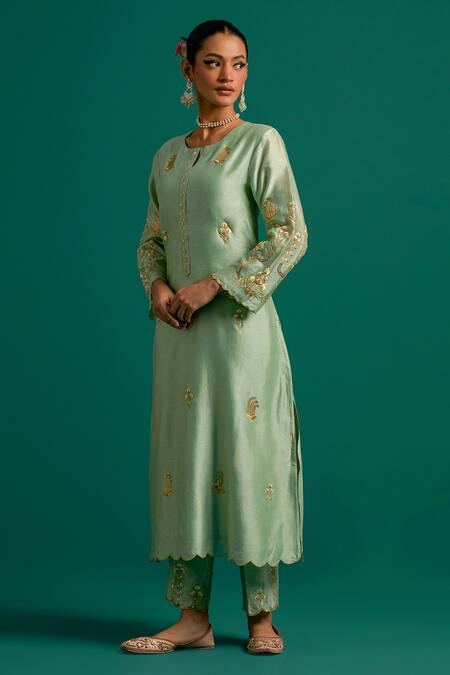 Shop_Anantaa By Roohi_Green Silk, Chanderi Sequins, Cut Work, Embroidery Resham Hand Kurta Pant Set _Online_at_Aza_Fashions
