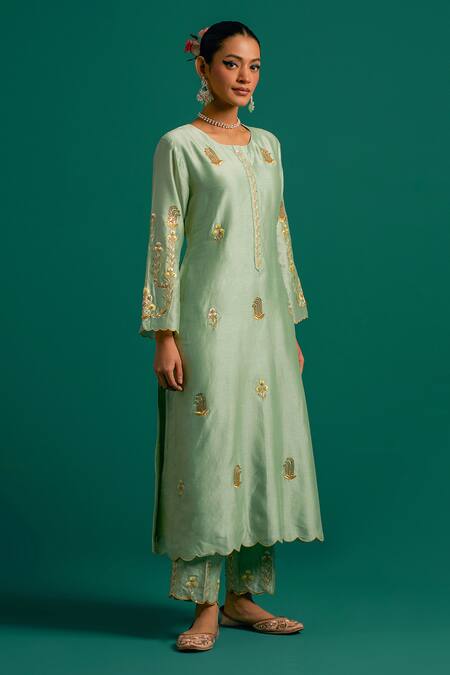 Anantaa By Roohi_Green Silk, Chanderi Sequins, Cut Work, Embroidery Resham Hand Kurta Pant Set _at_Aza_Fashions