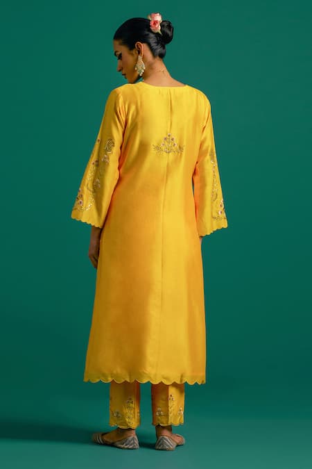 Shop_Anantaa By Roohi_Yellow Chanderi, Silk Sequins, Cut Work, Embroidery Split Hand Kurta Pant Set _at_Aza_Fashions