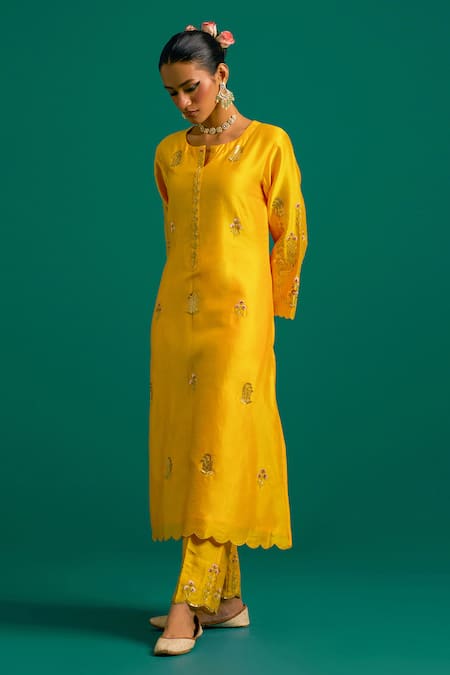 Shop_Anantaa By Roohi_Yellow Chanderi, Silk Sequins, Cut Work, Embroidery Split Hand Kurta Pant Set _Online_at_Aza_Fashions