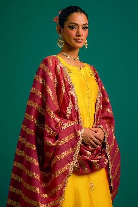 Shop_Anantaa By Roohi_Yellow Chanderi, Silk Sequins, Cut Work, Embroidery Split Hand Kurta Pant Set 