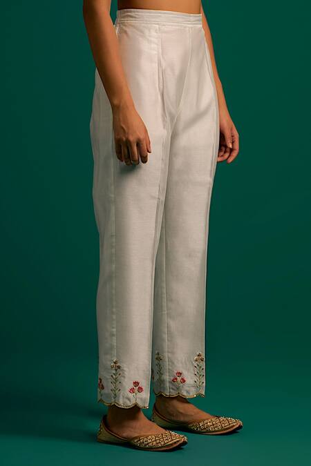 Anantaa By Roohi_Off White Silk, Chanderi Sequins, Cut Work, Embroidery Mandarin Kurta Pant Set _Online_at_Aza_Fashions