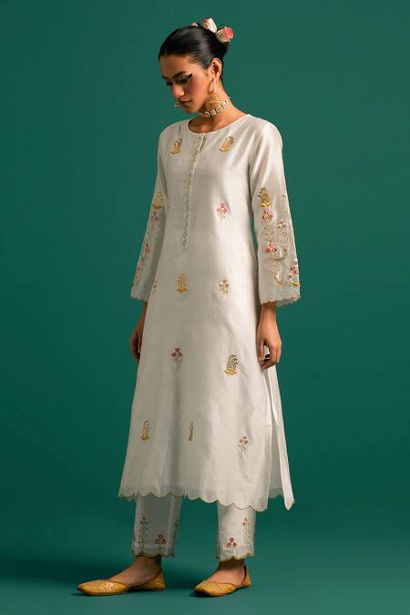 Shop_Anantaa By Roohi_Off White Silk, Chanderi Sequins, Cut Work, Embroidery Mandarin Kurta Pant Set _Online_at_Aza_Fashions