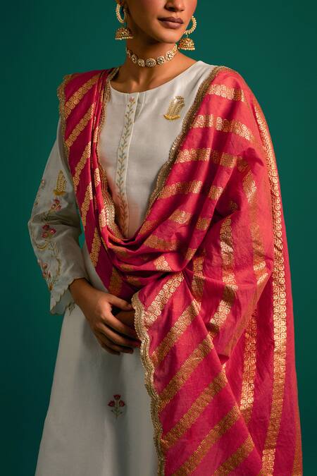 Shop_Anantaa By Roohi_Off White Silk, Chanderi Sequins, Cut Work, Embroidery Mandarin Kurta Pant Set 