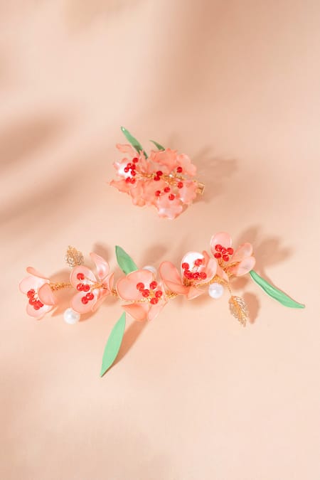 Shop Floristaa By Mahek Peach Beads Jadie Embellished Hairpins - Set Of 2 at Aza Fashions Shop_Floristaa By Mahek_Peach Beads Jadie Embellished Hairpins - Set Of 2 _at_Aza_Fashions