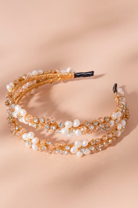 Floristaa By Mahek Gold Crystals, Pearls, Rhinestones Embellished Headband 