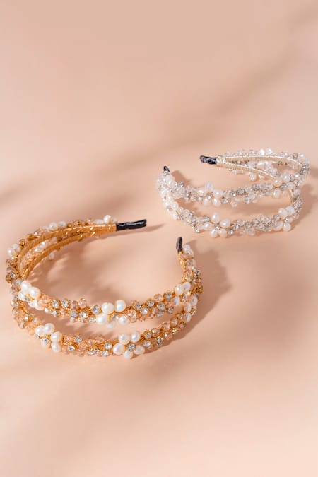 Shop Floristaa By Mahek Gold Crystals, Pearls, Rhinestones Embellished Headband at Aza Fashions Shop_Floristaa By Mahek_Gold Crystals, Pearls, Rhinestones Embellished Headband _at_Aza_Fashions