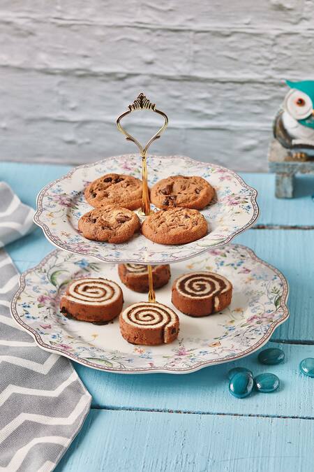 Buy Vigneto Multi Color Finest Premium Porcelain Flower Pattern Bed Two Tier Dessert Stand at Aza Fashions Buy_Vigneto_Multi Color Finest Premium Porcelain Flower Pattern Bed Two Tier Dessert Stand_at_Aza_Fashions