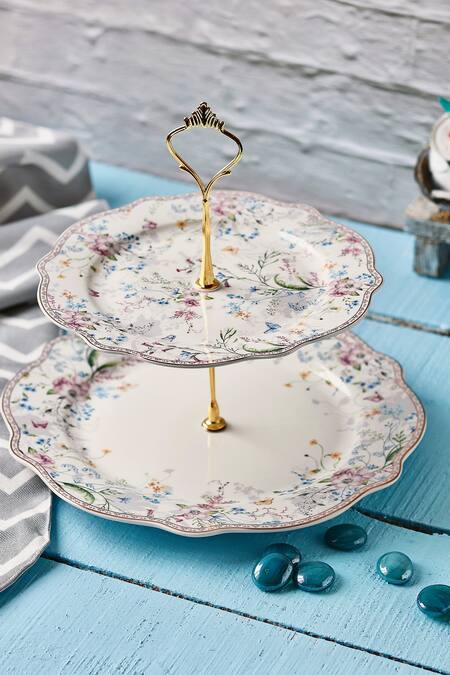 Shop Vigneto Multi Color Finest Premium Porcelain Flower Pattern Bed Two Tier Dessert Stand at Aza Fashions Shop_Vigneto_Multi Color Finest Premium Porcelain Flower Pattern Bed Two Tier Dessert Stand_at_Aza_Fashions